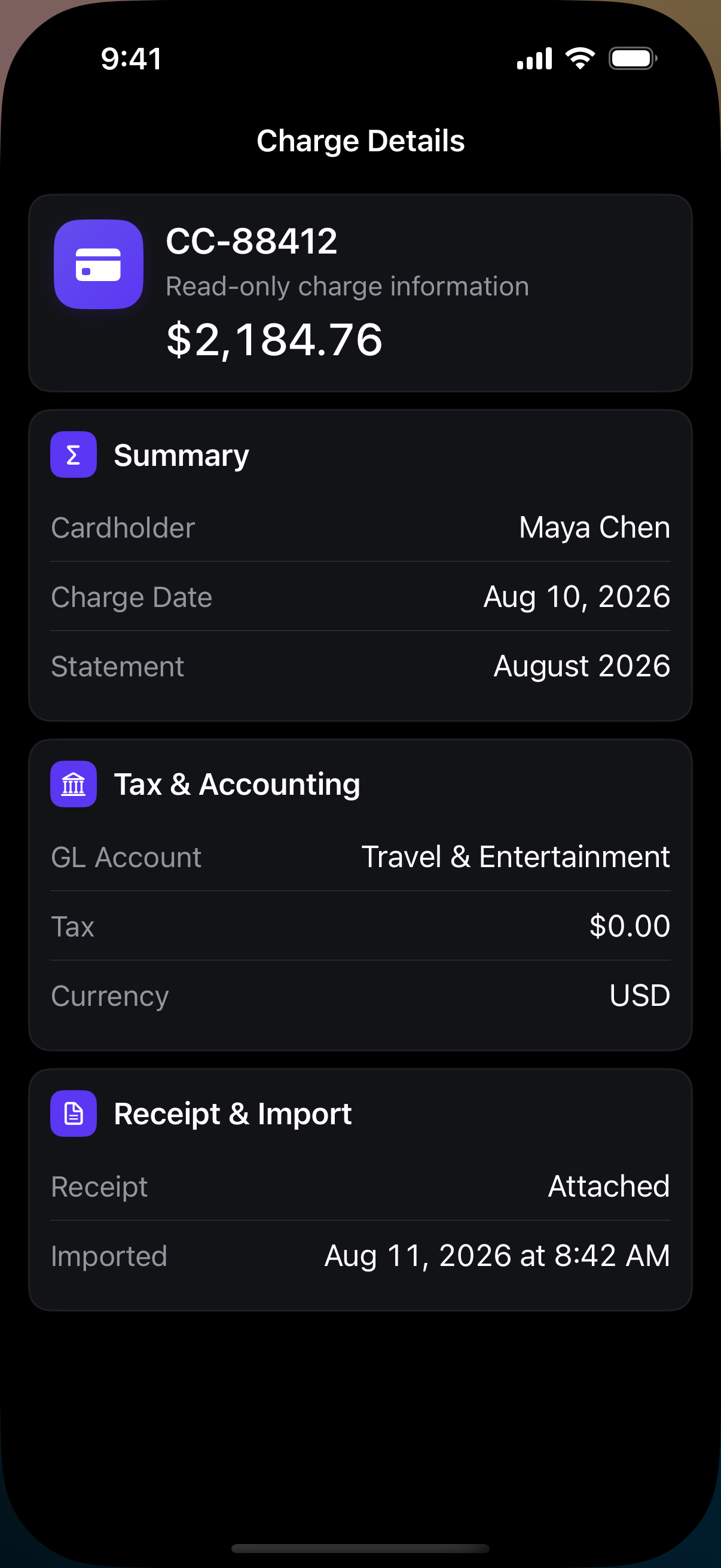 Workamathing showing credit card charge details