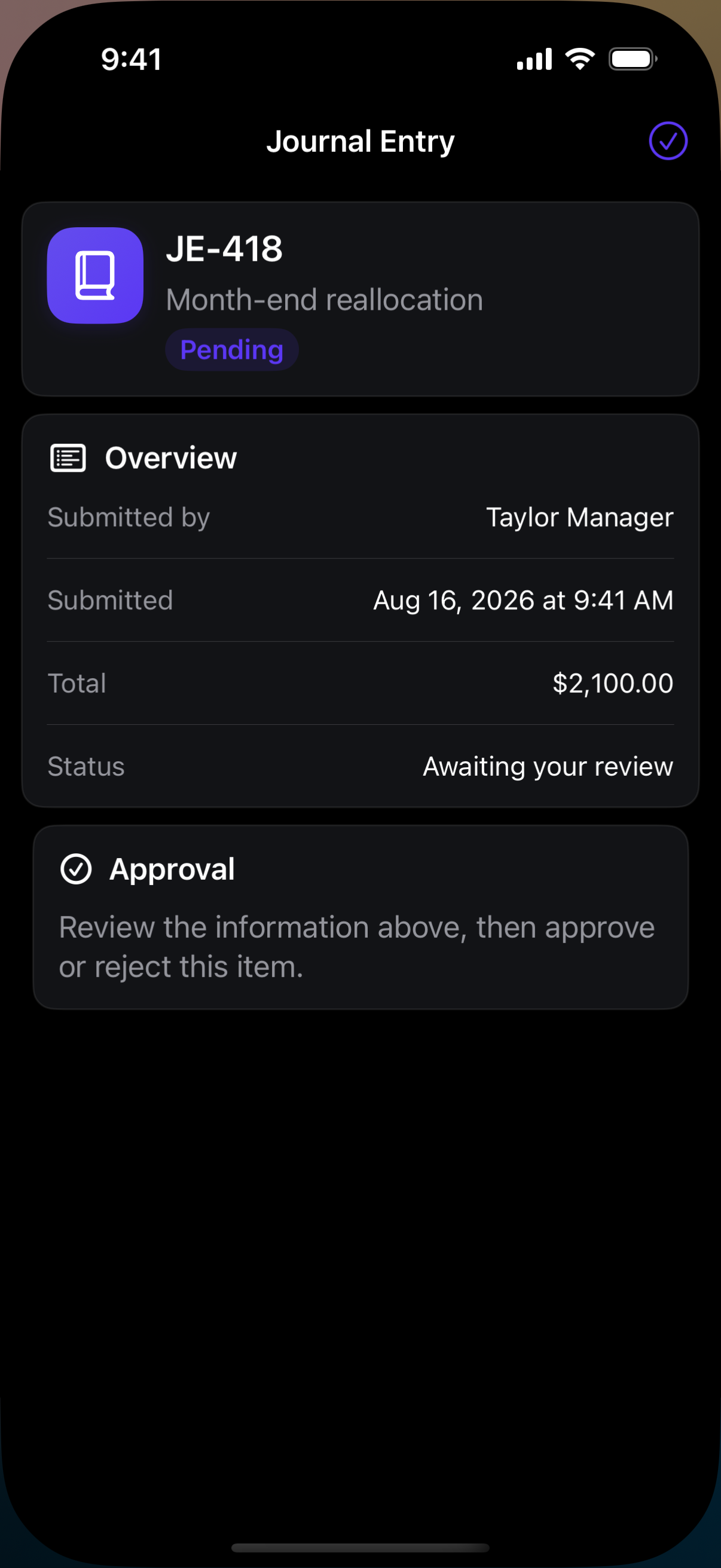Workamathing showing a pending journal entry approval
